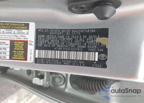 2015 Toyota Camry Se из США, поврежденный, VIN 4T1BF1FK4FU027642